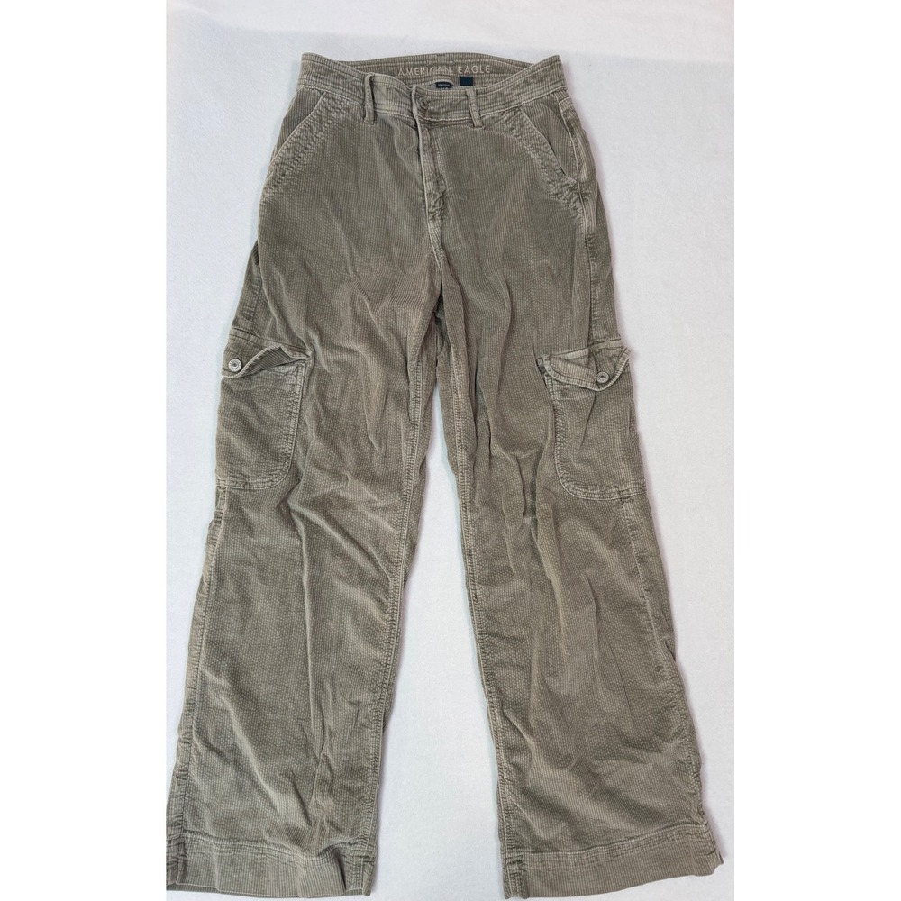 American Eagle Corduroy Cargo Pants Womens 2 Regular Green Wide Leg Stretch